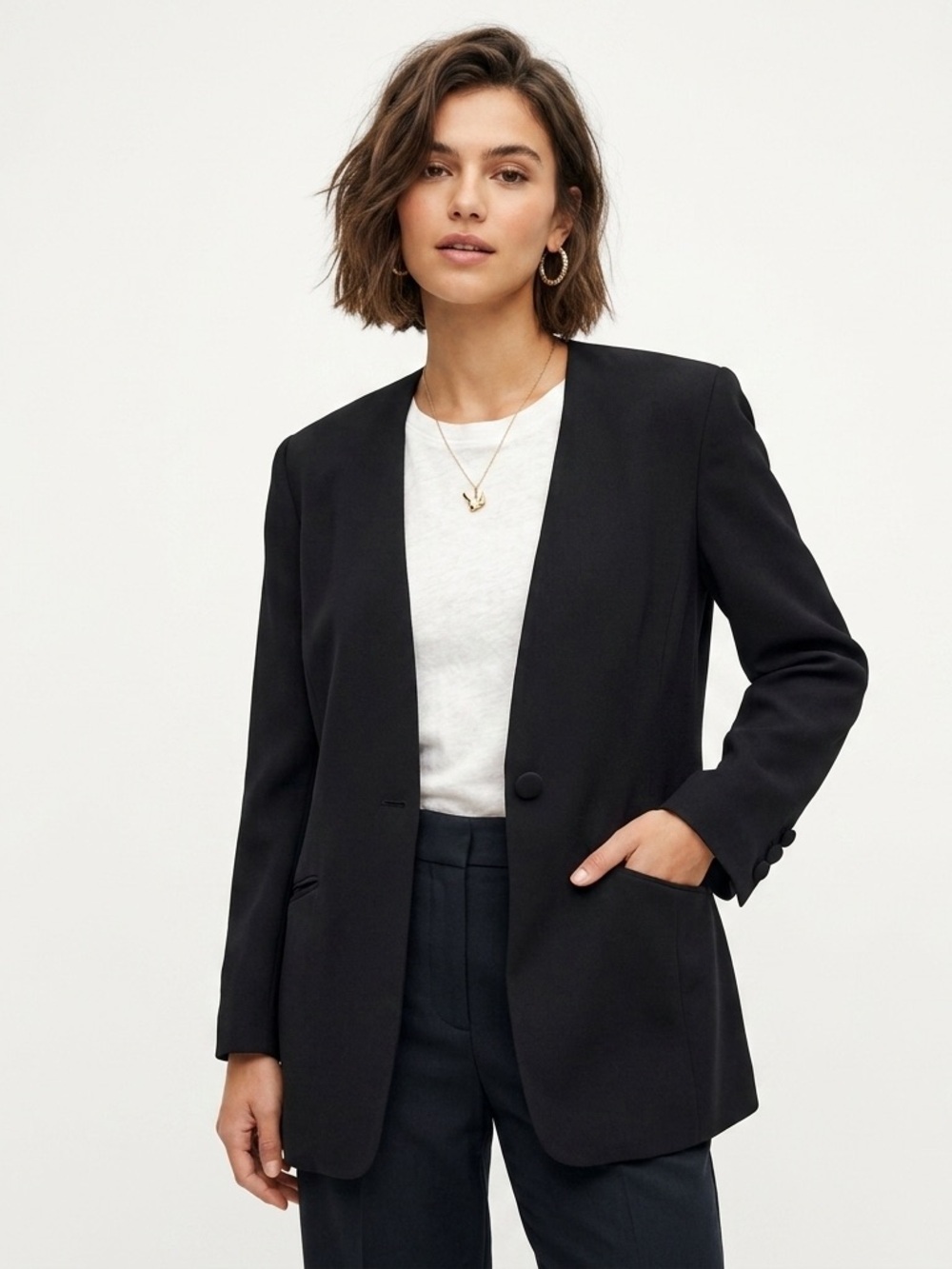 Classiques For Nordstrom Silk Minimalist Collarless Blazer Black M